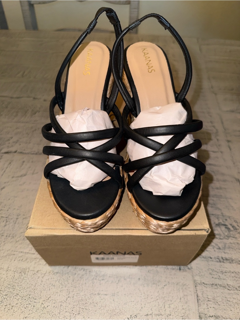 Kaanas Black Strappy Espadrille Wedge Sandals with Natural Woven Platform